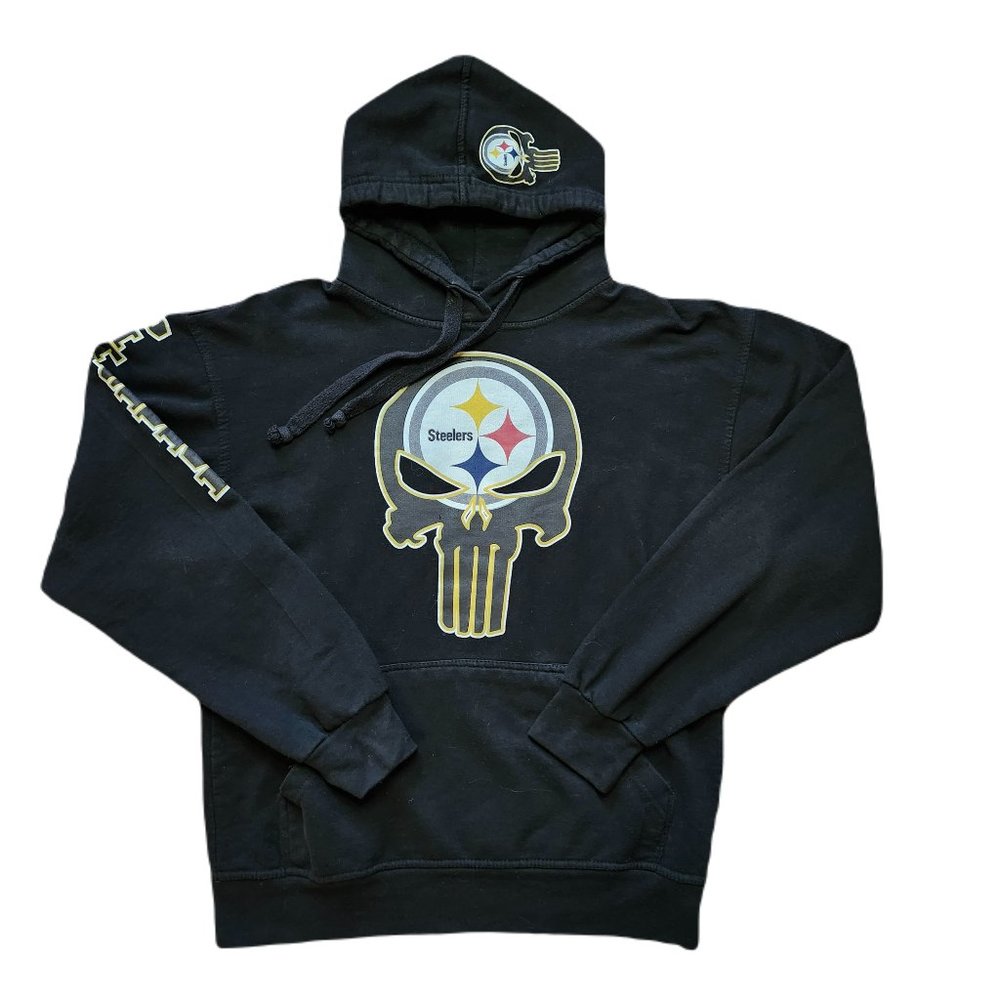 Jon Lauren Pittsburgh Steelers Punisher Skull Black Pullover Hoodie Men's Size M